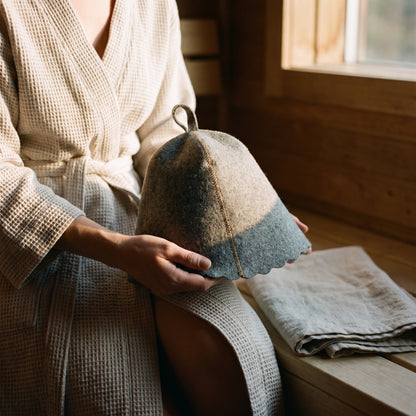 Traditional Grey Sauna Hat 100% Wool - held in hands