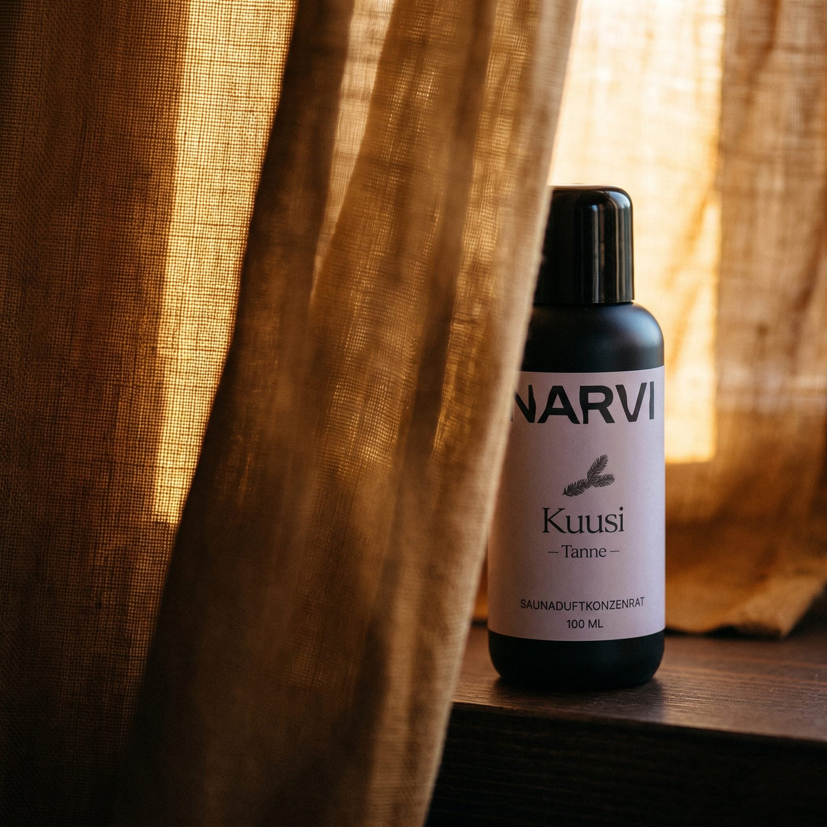 Spruce Sauna Scent by Narvi (100ml) - lifestyle behind linen curtain