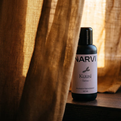 Spruce Sauna Scent by Narvi (100ml) - lifestyle behind linen curtain
