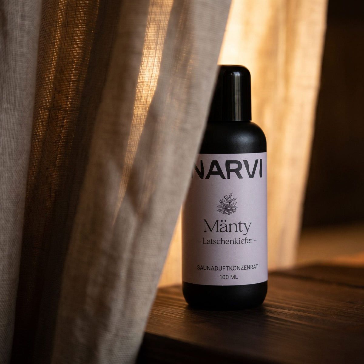 Pine Sauna Scent by Narvi (100ml) - lifestyle behind linen curtain