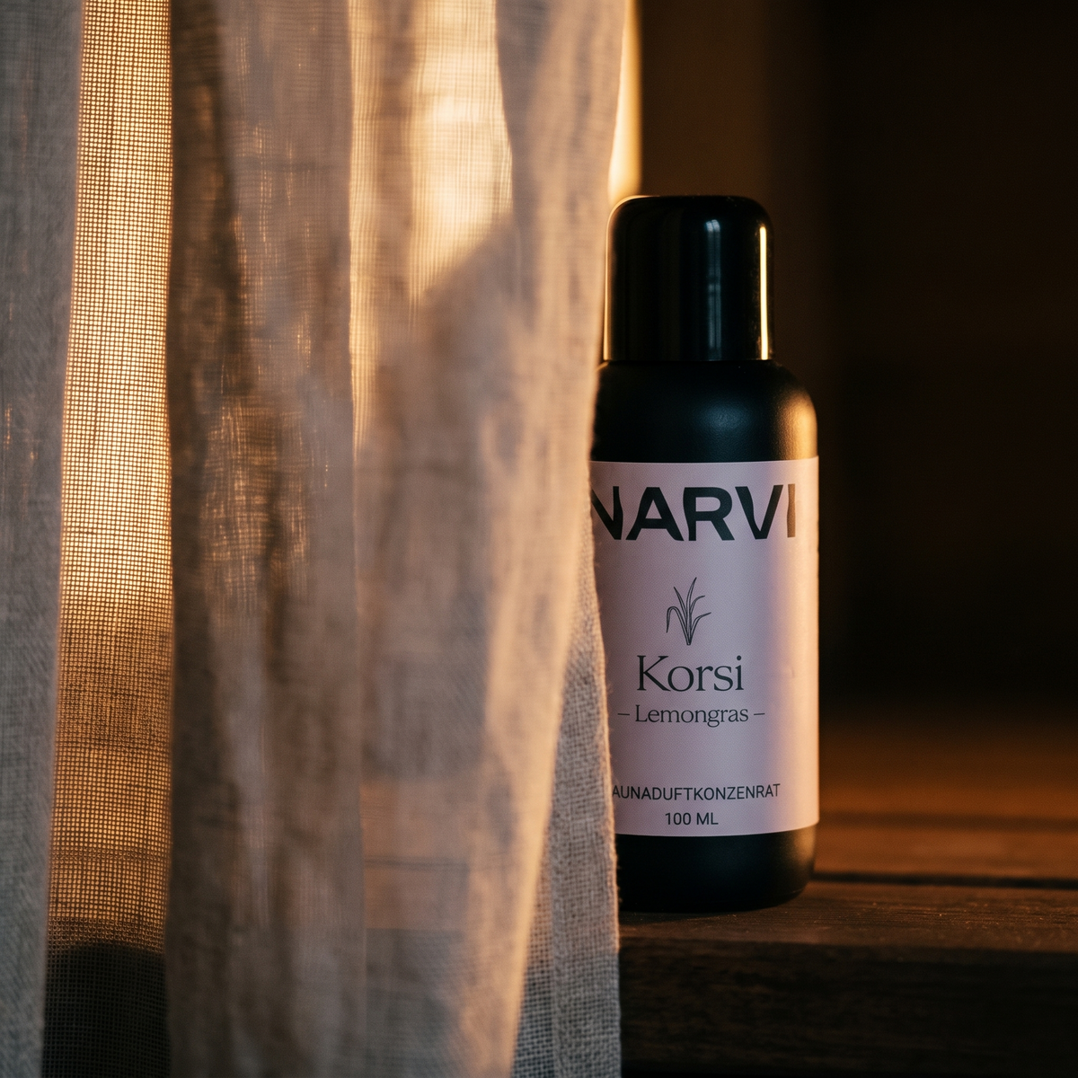 Lemongrass Sauna Scent by Narvi (100ml) - lifestyle behind linen curtain