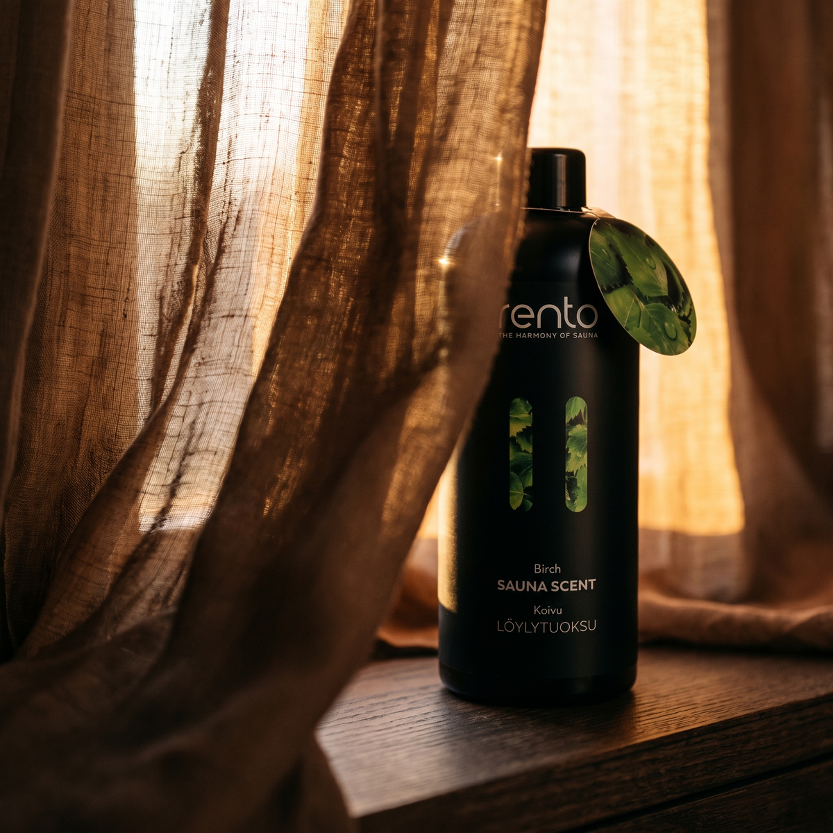 Rento Birch Sauna Scent 400ml - lifestyle behind linen curtain