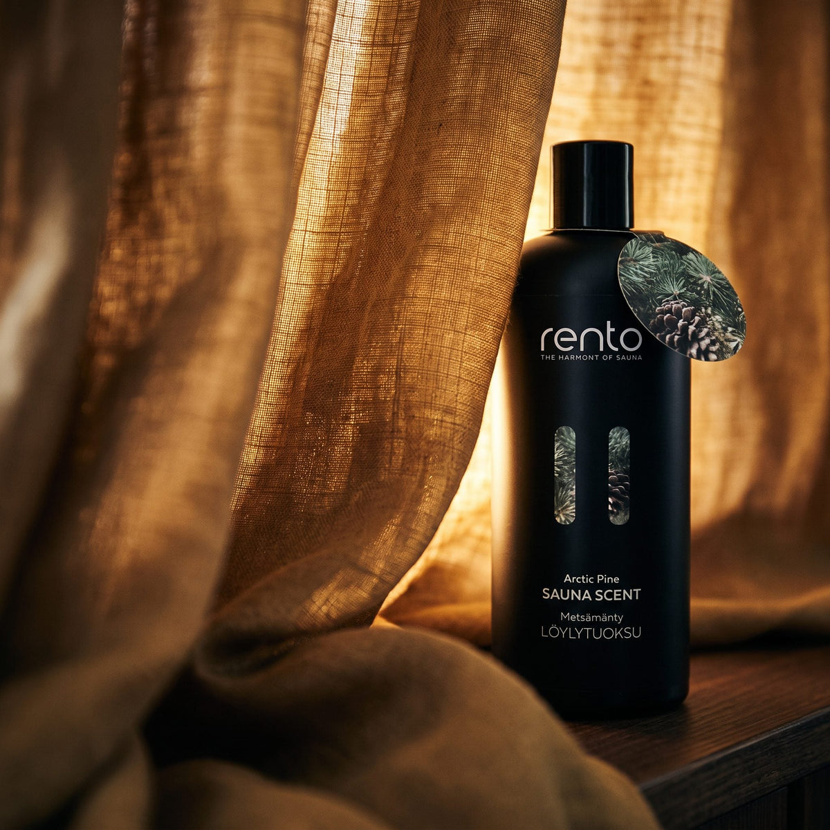 Rento Arctic Pine Sauna Scent 400ml - lifestyle behind linen curtain