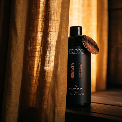 Rento Wood Tar Sauna Scent 400ml - lifestyle behind linen curtain
