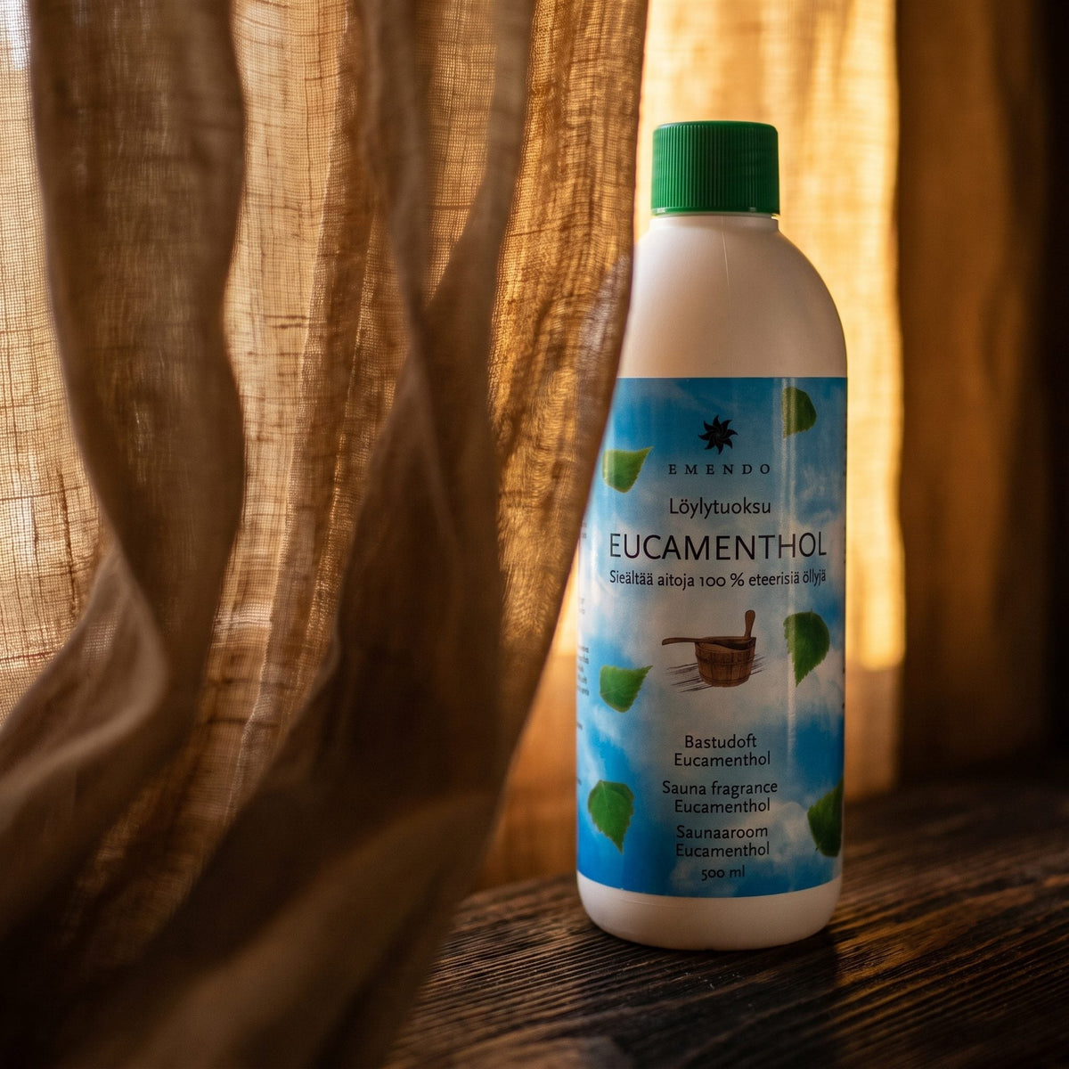 Emendo Eucamenthol Sauna Scent (500ml) - lifestyle behind linen curtain