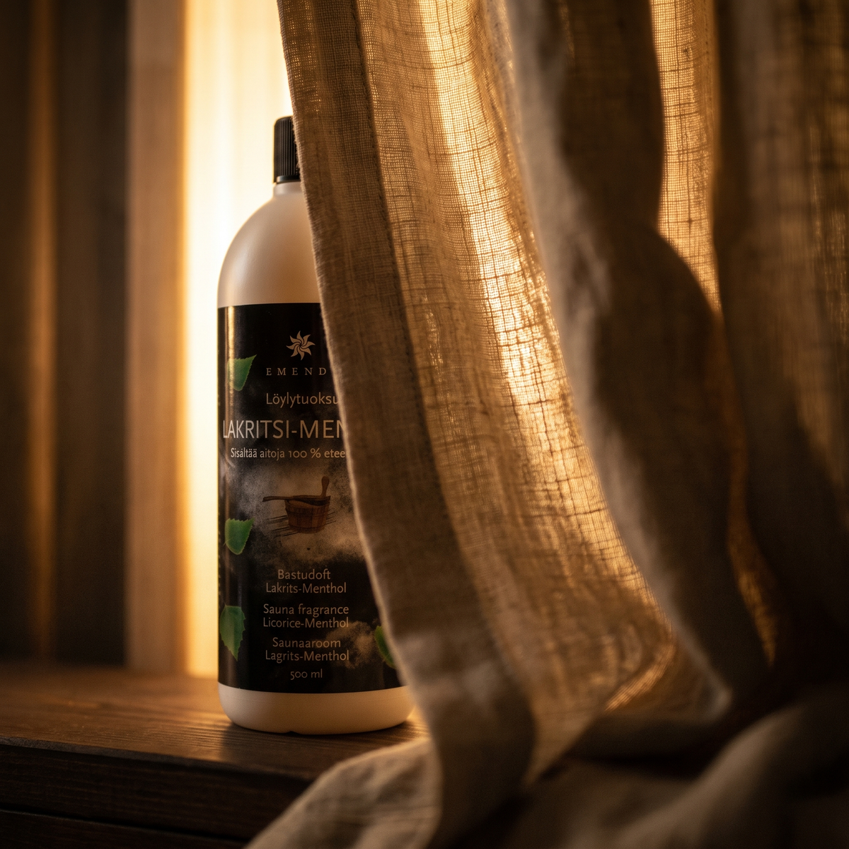 Emendo Licorice & Menthol Sauna Scent (500ml) - lifestyle behind linen curtain