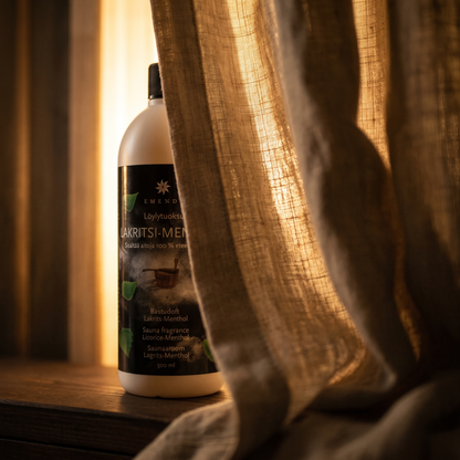 Emendo Licorice & Menthol Sauna Scent (500ml) - lifestyle behind linen curtain