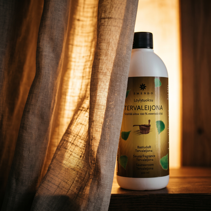 Emendo Tervaleijona Sauna Scent (500ml) - lifestyle behind linen curtain