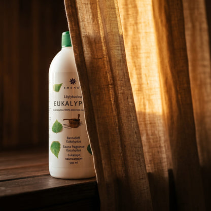 Emendo Eucalyptus Sauna Scent (500ml) - lifestyle behind linen curtain
