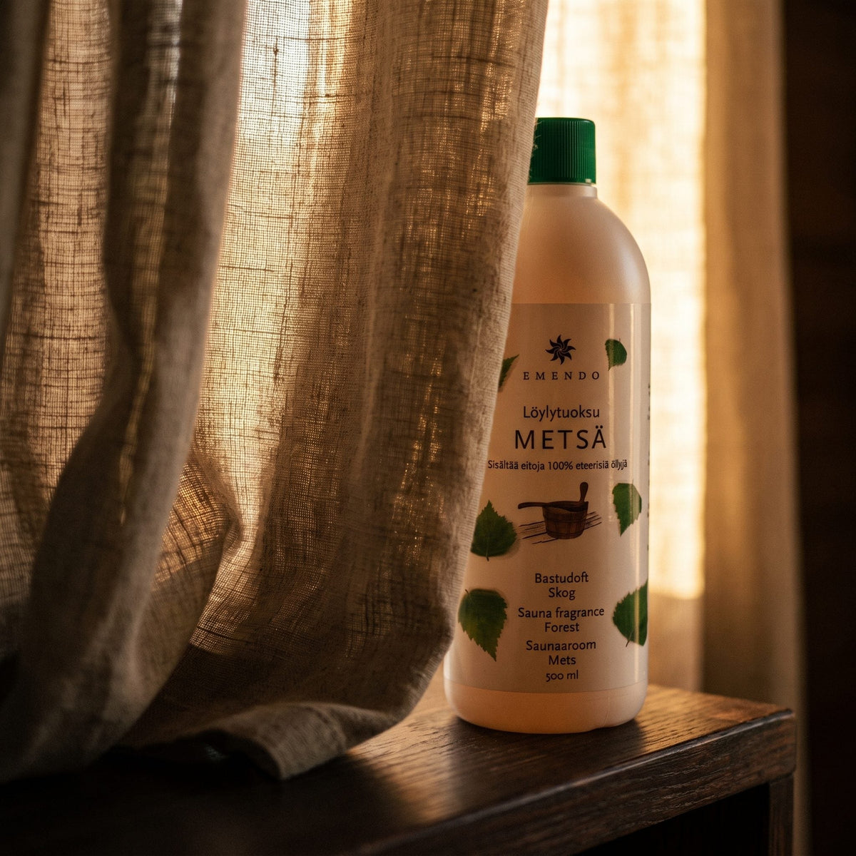 Emendo Forest Sauna Scent (500ml) - lifestyle behind linen curtain