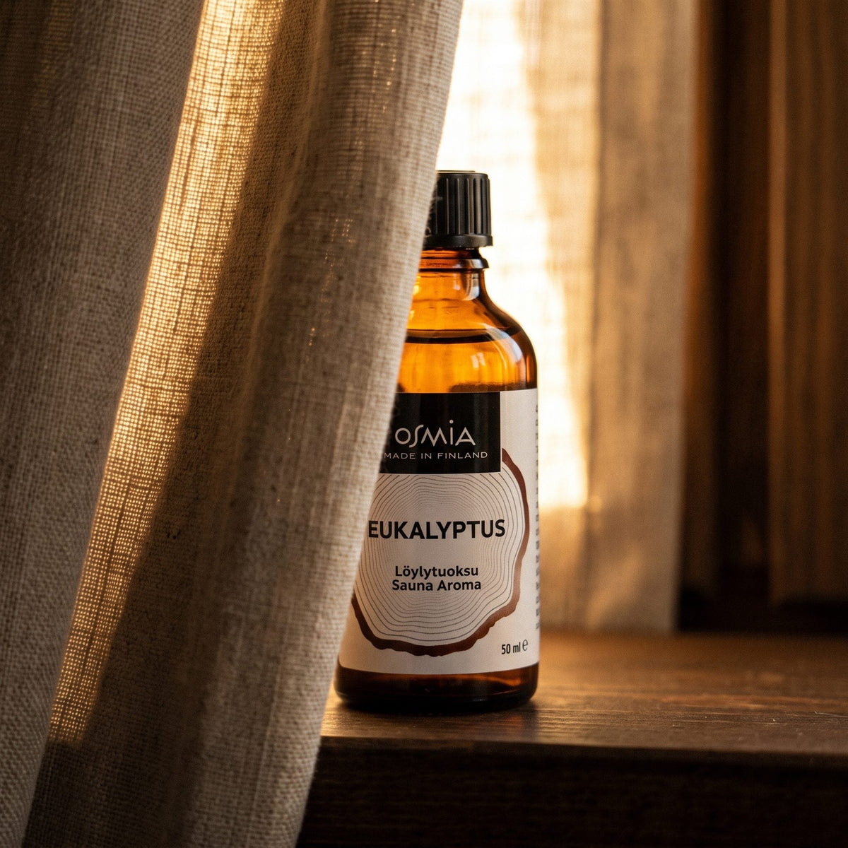 Eucalyptus Sauna Aroma by Osmia (50ml) - lifestyle behind linen curtain