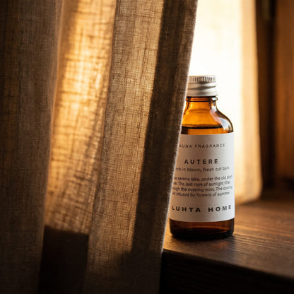 Luhta Autere Sauna Oil Drops - lifestyle behind linen curtain