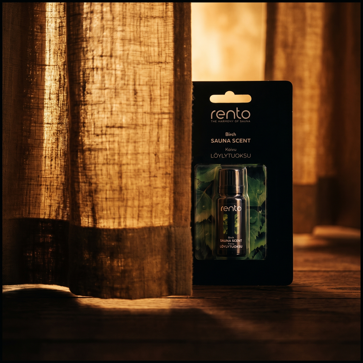 Rento Birch Sauna Scent 10ml Concentrate - lifestyle behind linen curtain