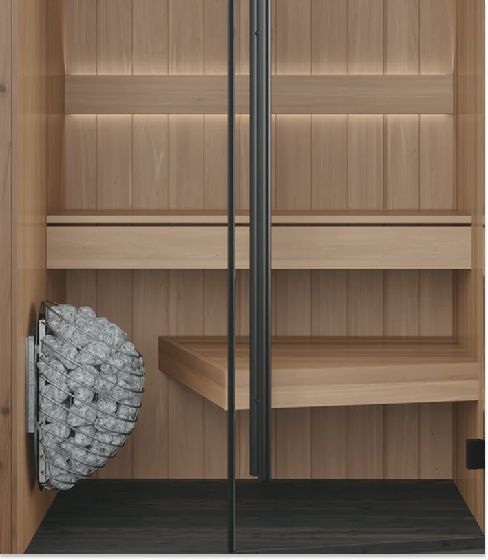 Wooden sauna with glass door and interior design elements.