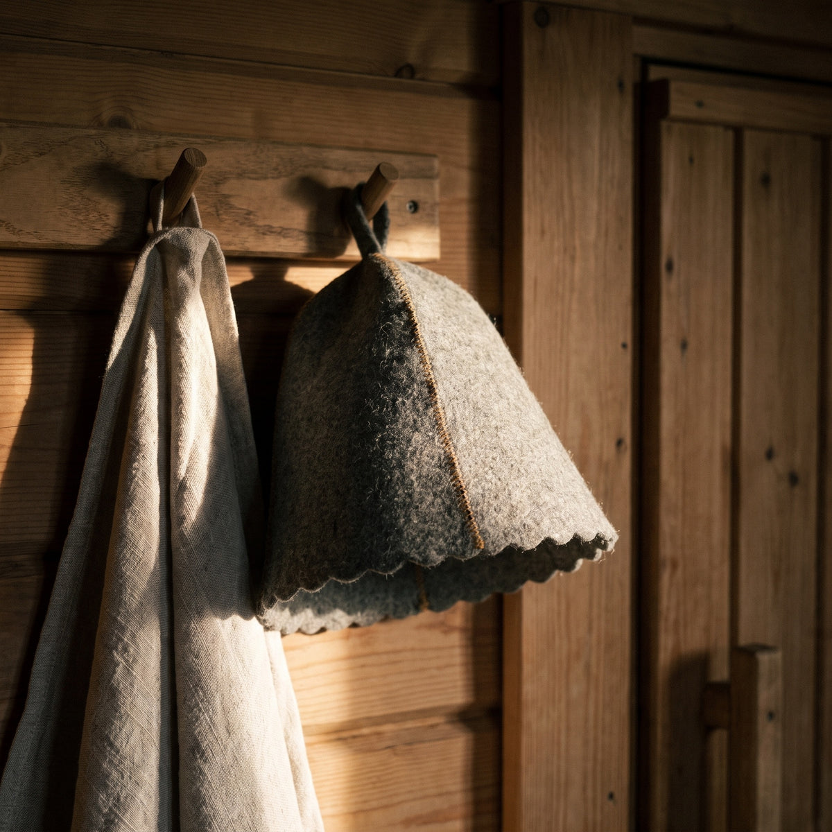 Traditional Grey Sauna Hat 100% Wool - hanging on a sauna peg
