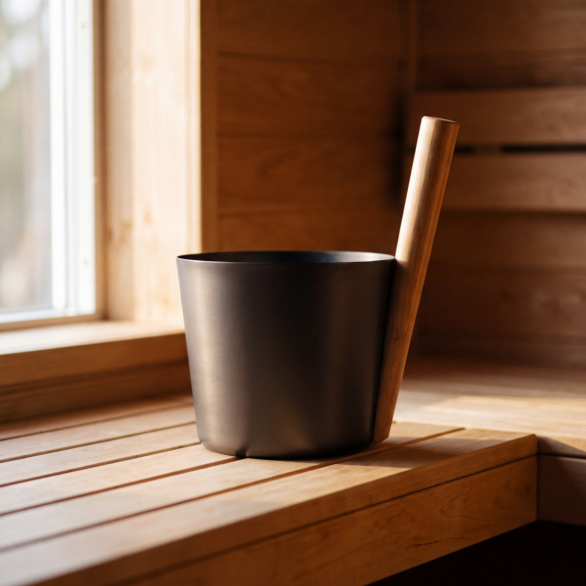 Rento 5l Anodised Aluminium Sauna Pail in Brown/Black - in the sauna