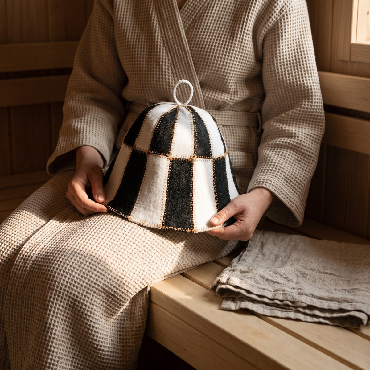 Sauna Hat Black/White (Polyester Felt) - held in hands