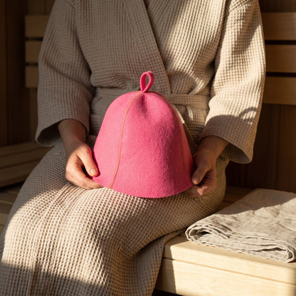 Traditional Lightweight Pink Felt Sauna Hat - held in hands