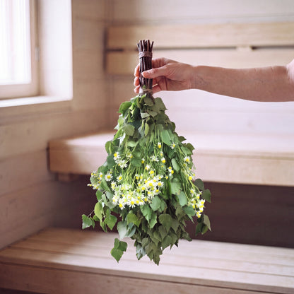 Sauna Whisk Birch & Camomile - held in the sauna