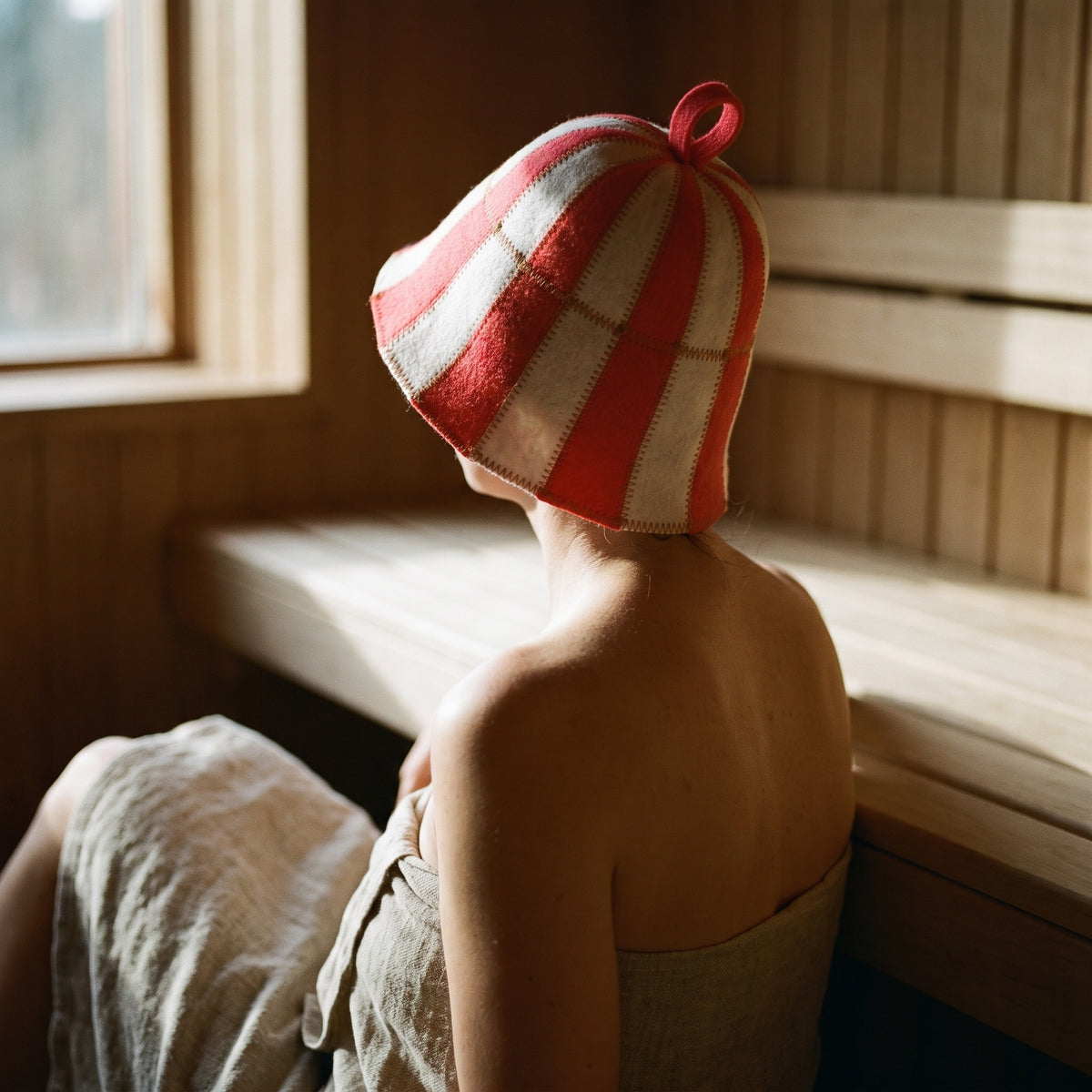 Sauna Hat Red/White (Polyester Felt) - worn