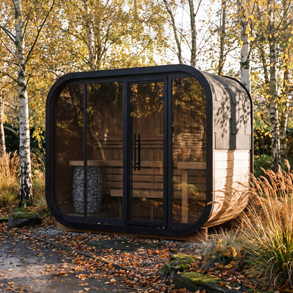 Ralva Large rounded outdoor sauna with black painted arch covers