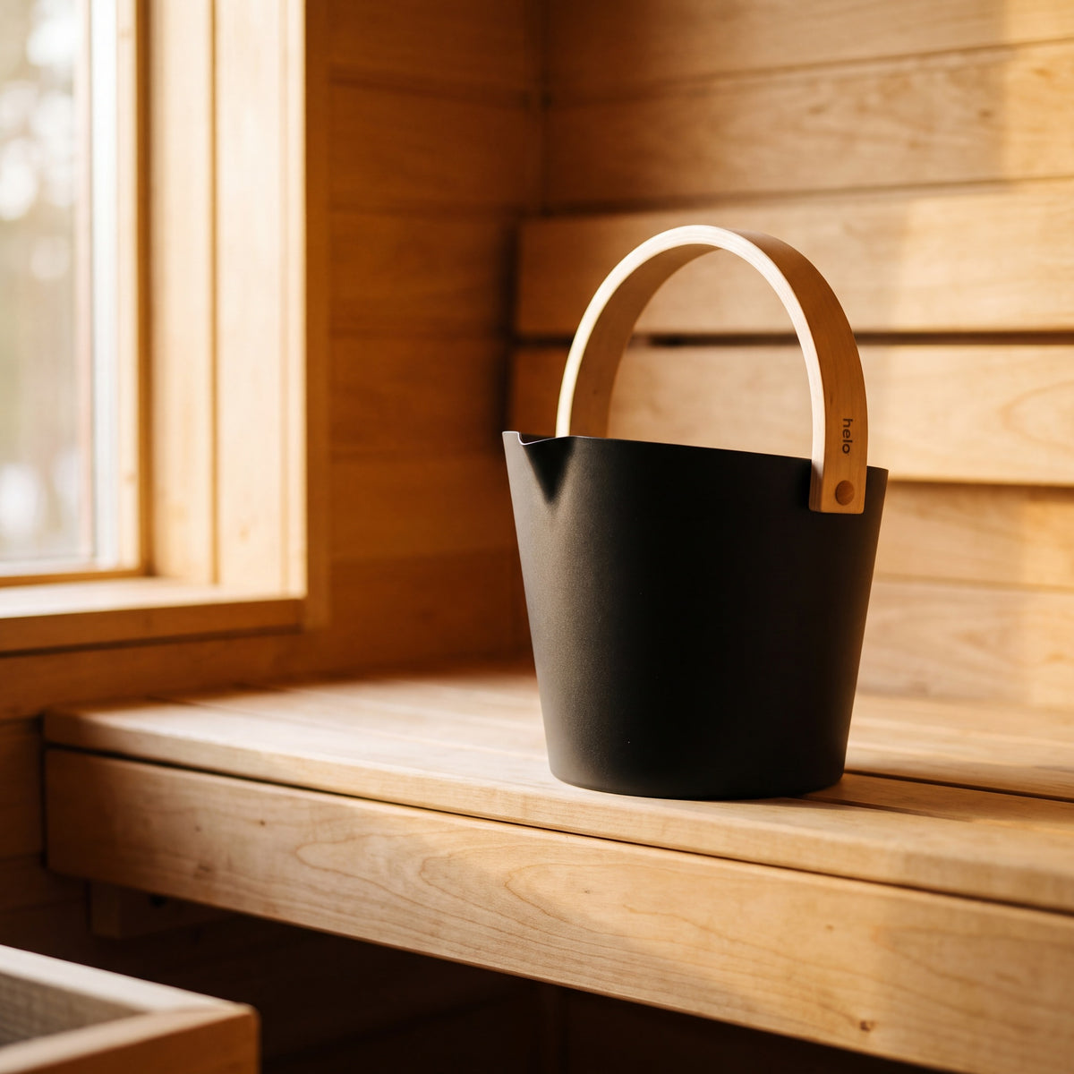 Black Anodised Aluminium Sauna Bucket (Brilliant Range) by Helo - in the sauna