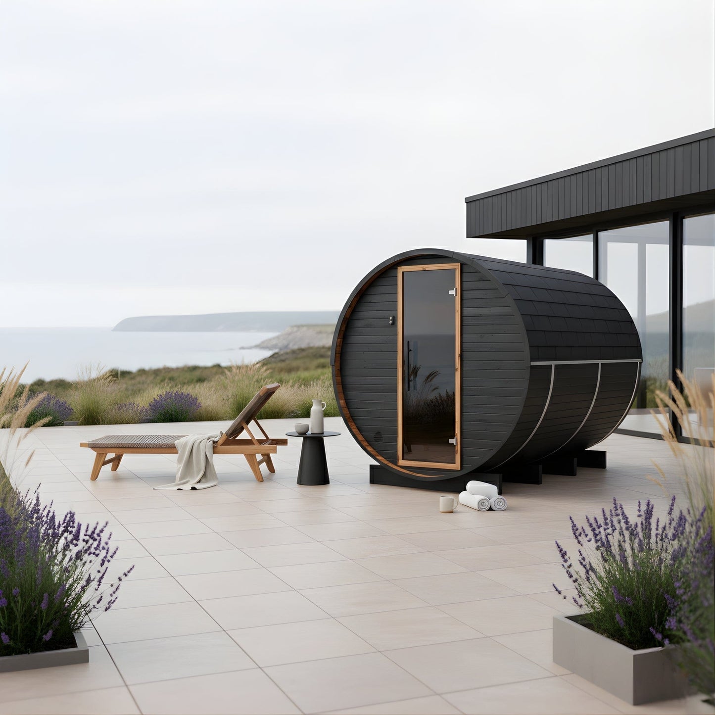 Large Wood Barrel Sauna (6-8 Person) in Black