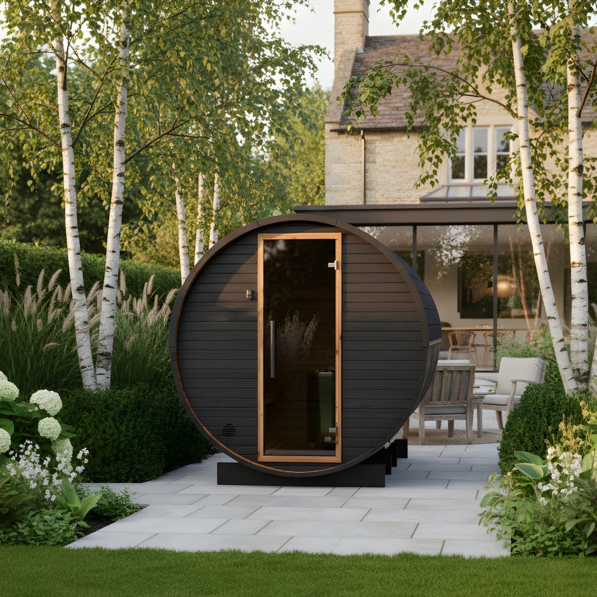 Large Wood Barrel Sauna (6-8 Person) in Black