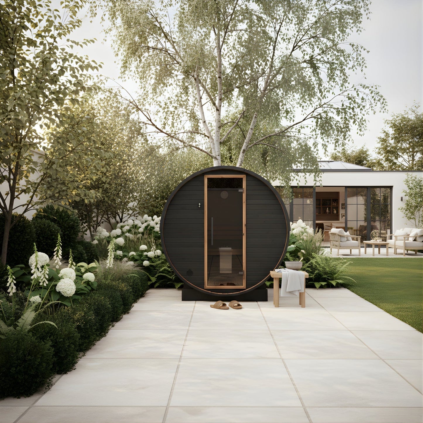 Large Wood Barrel Sauna (6-8 Person) in Black