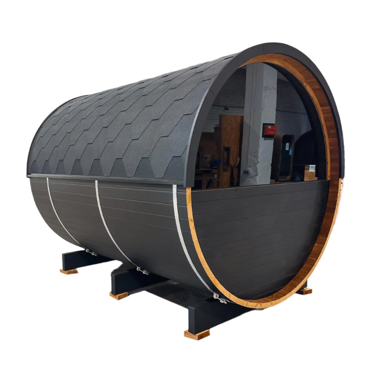 Thermo Wood Barrel Sauna - Regular Black (4 - 6 Person) Barrel Sauna | Finnmark Sauna