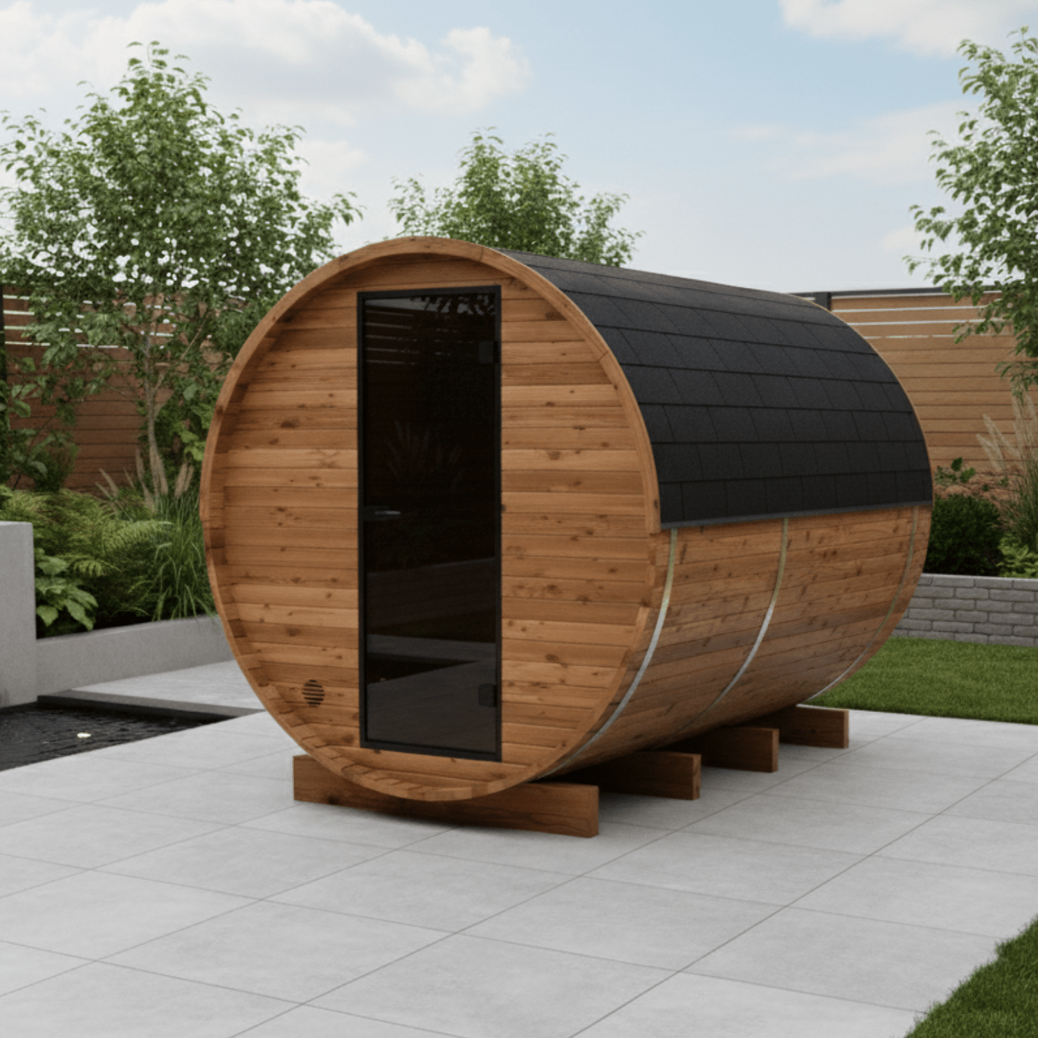 Thermo Wood Barrel Sauna - Regular with Changing Room (4 - 6 Person) Barrel Sauna | Finnmark Sauna
