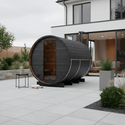 Wood Barrel Sauna with Changing Room (2-4 Person) in Black