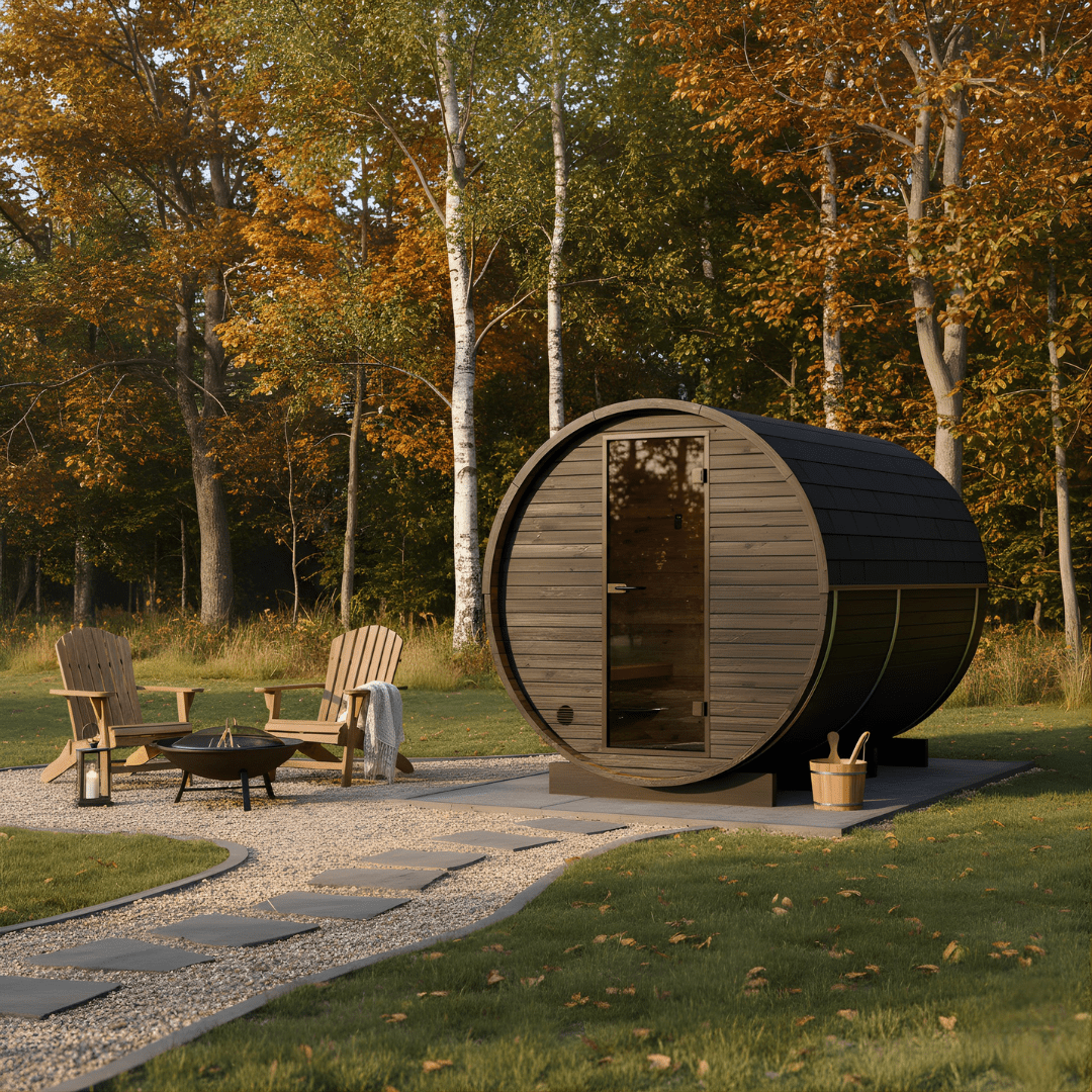 Wood Barrel Sauna with Changing Room (2-4 Person) in Black