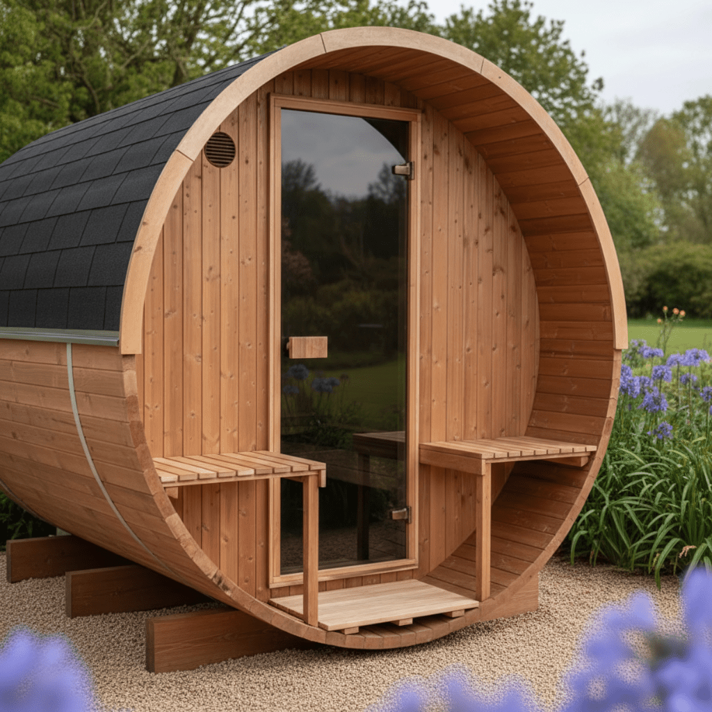 Thermo Wood Barrel Sauna - Regular with Relaxation Terrace (2 - 4 Person) Barrel Sauna | Finnmark Sauna