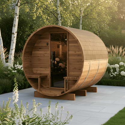 Thermo Wood Barrel Sauna - Regular with Relaxation Terrace (2 - 4 Person) Barrel Sauna | Finnmark Sauna