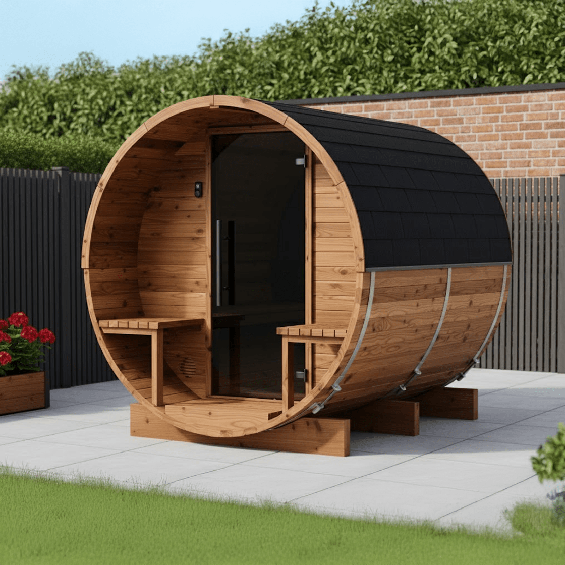 Thermo Wood Barrel Sauna - Regular with Relaxation Terrace (2 - 4 Person) Barrel Sauna | Finnmark Sauna