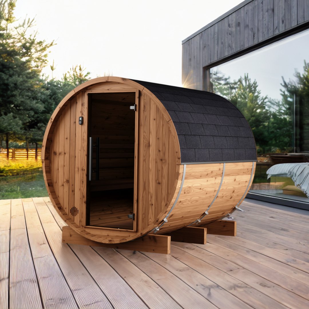 Thermo Wood Barrel Sauna - Small (L: 223 & ø: 194 cm) Barrel Sauna | Finnmark Sauna