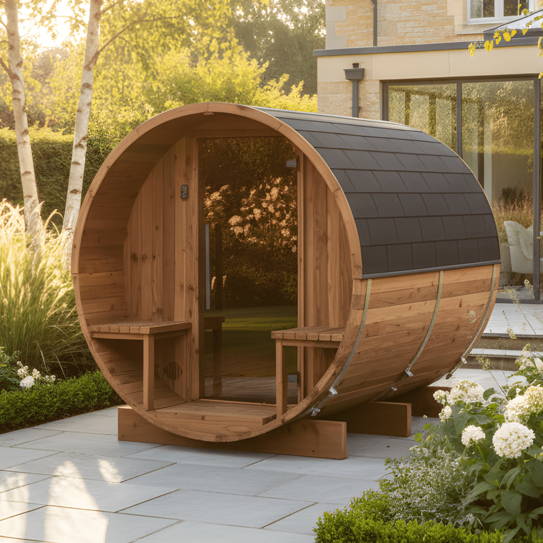 Small Wood Barrel Sauna with Relaxation Terrace (2-4 Person)