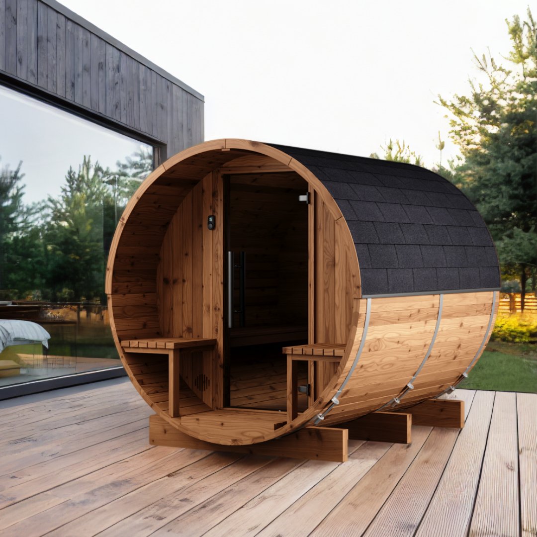 Thermo Wood Barrel Sauna - Small with Relaxation Terrace (L: 223 & ø: 194 cm) Barrel Sauna | Finnmark Sauna