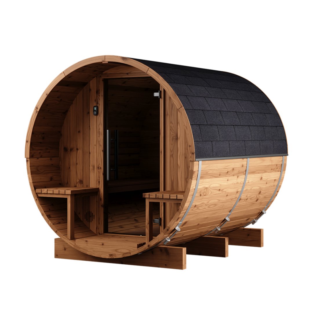 Thermo Wood Barrel Sauna - Small with Relaxation Terrace (L: 223 & ø: 194 cm) Barrel Sauna | Finnmark Sauna