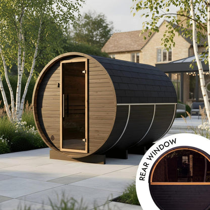 Large Wood Barrel Sauna with Window (6-8 Person) in Black