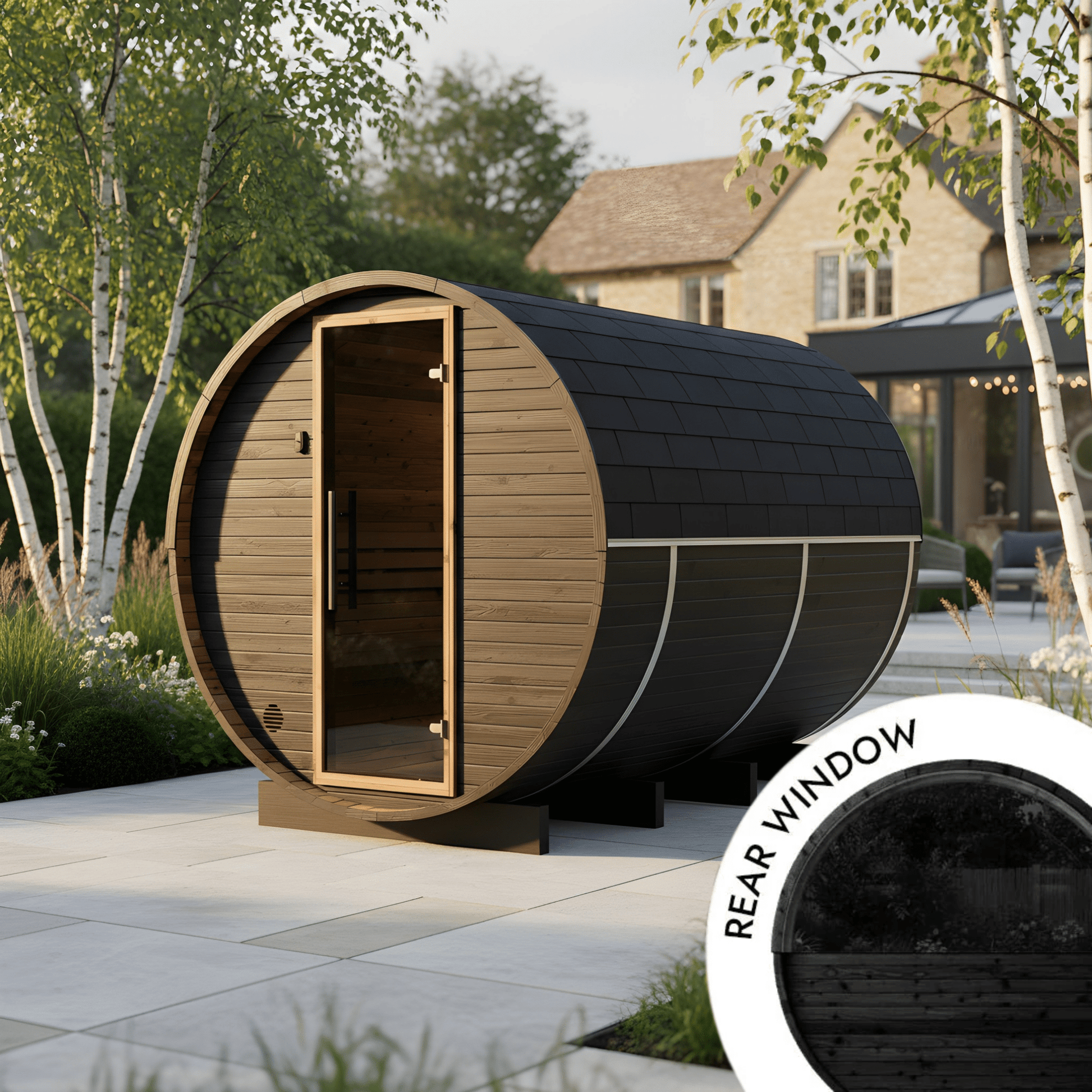Large Wood Barrel Sauna with Window (6-8 Person) in Black