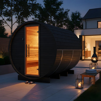 Large Wood Barrel Sauna with Window (6-8 Person) in Black