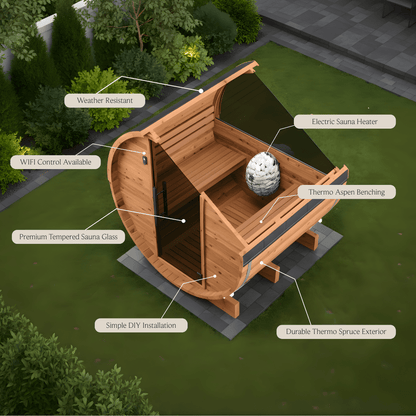 Thermo Wood Barrel Sauna with Window - Micro (2 Person) Barrel Sauna | Finnmark Sauna
