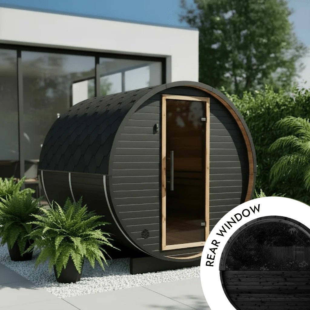 Thermo Wood Barrel Sauna with Window - Regular Black (4 - 6 Person) Barrel Sauna | Finnmark Sauna