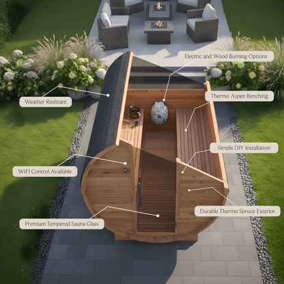 Thermo Wood Barrel Sauna with Window - Regular with Changing Room (4 - 6 Person) Barrel Sauna | Finnmark Sauna