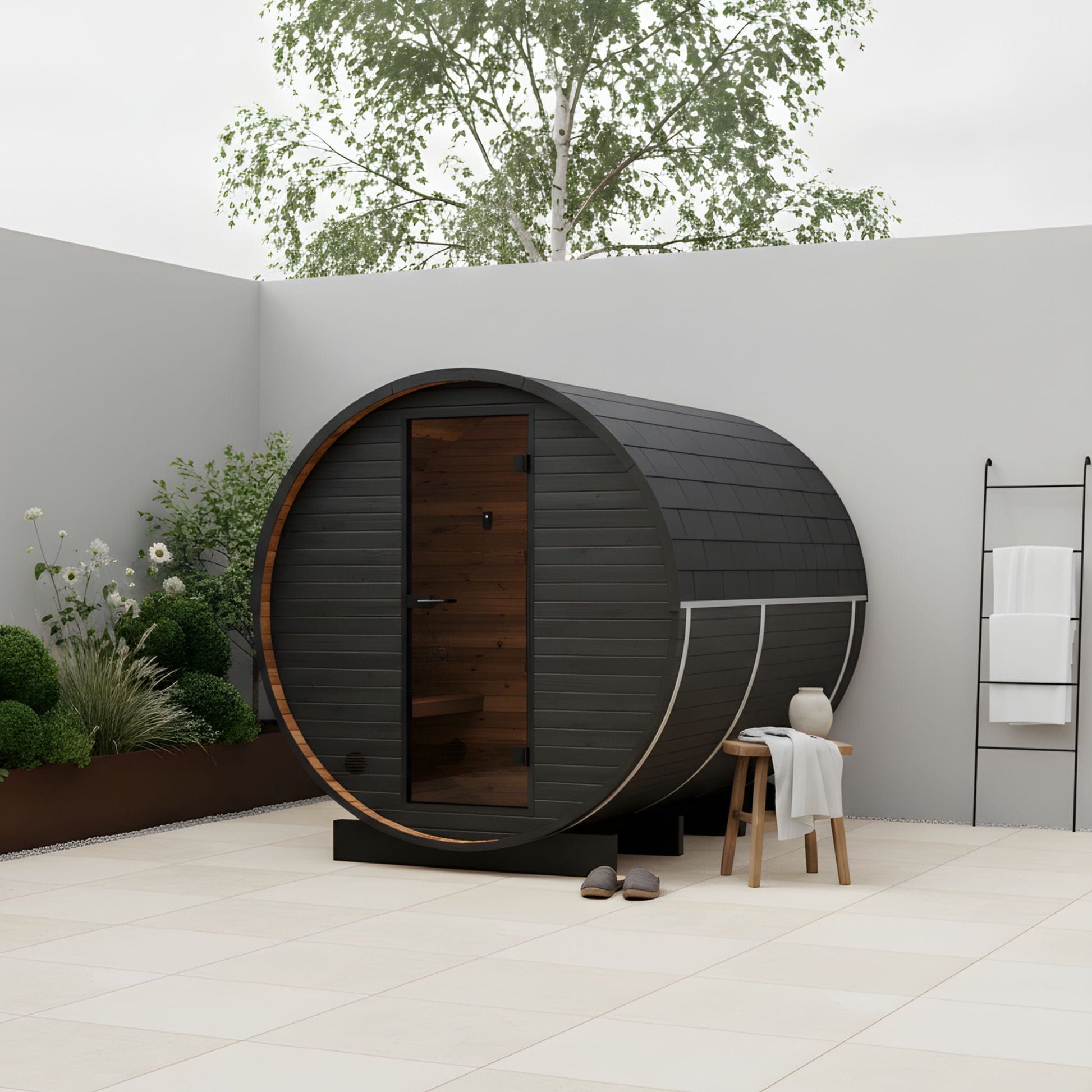 Wood Barrel Sauna with Window & Changing Room (2-4 Person) in Black