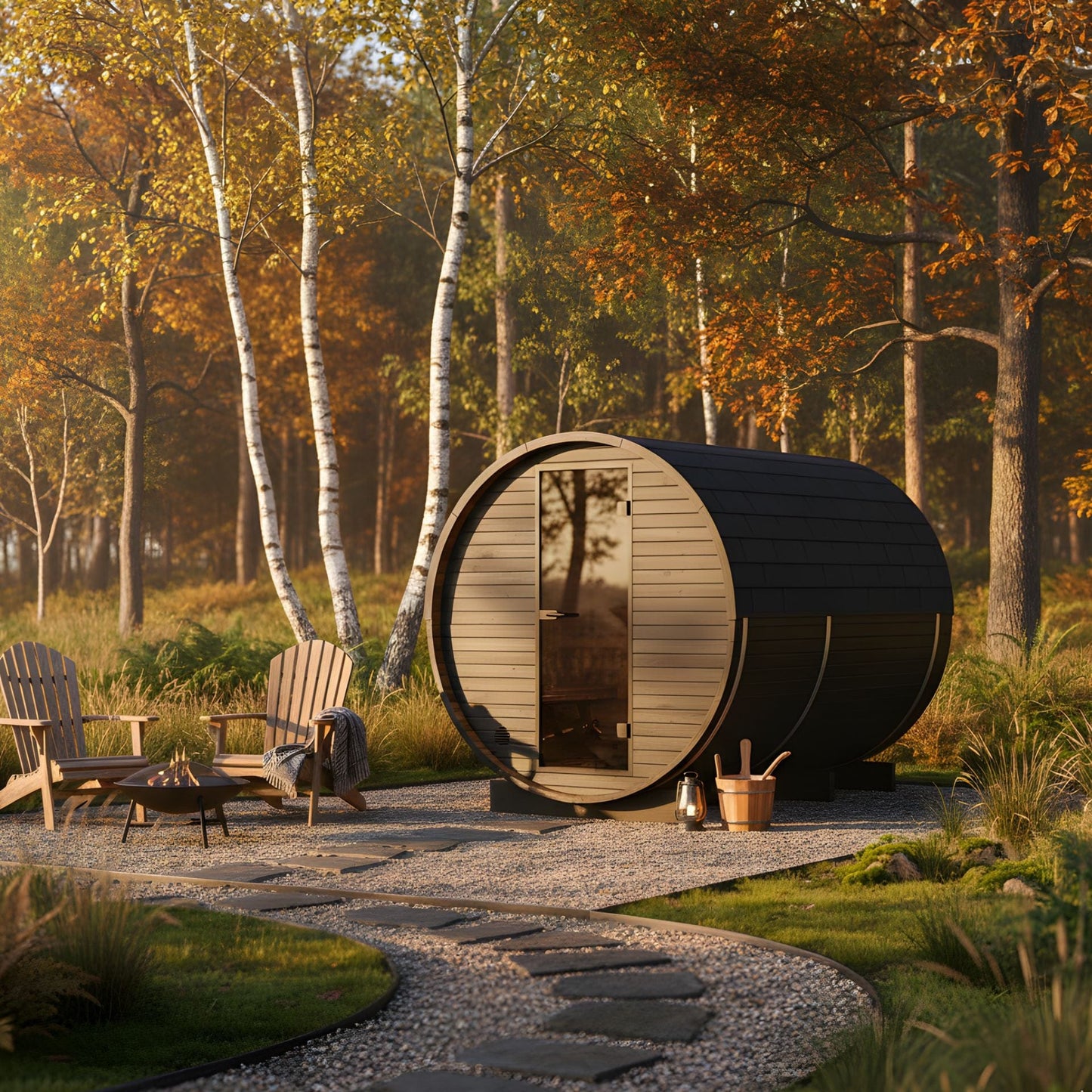 Wood Barrel Sauna with Window & Changing Room (2-4 Person) in Black