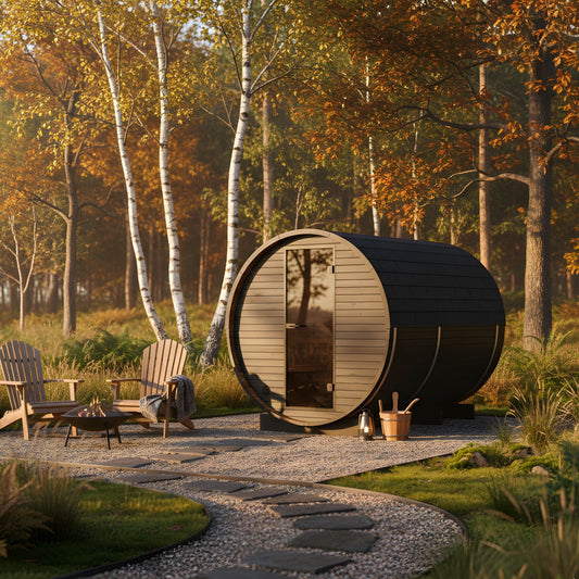Wood Barrel Sauna with Window & Changing Room (2-4 Person) in Black