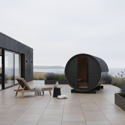 Wood Barrel Sauna with Window & Changing Room (2-4 Person) in Black